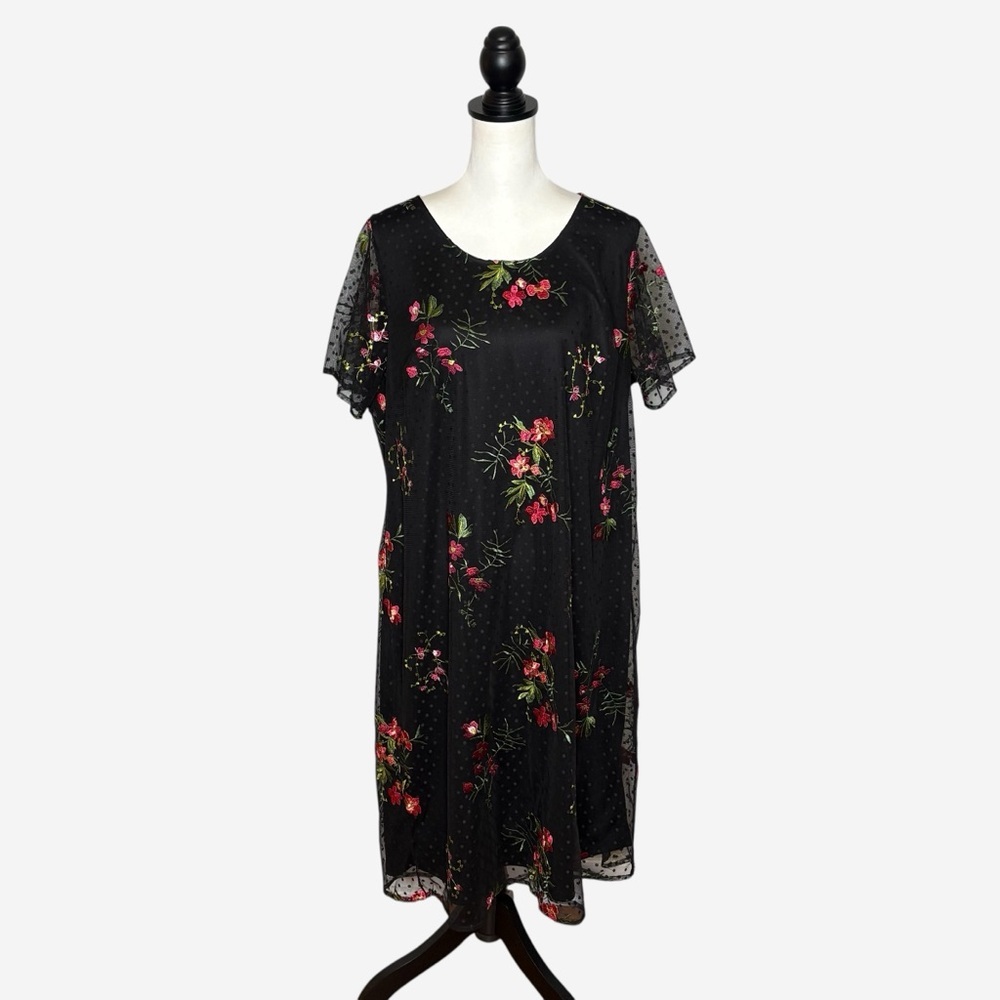Catherines Embroidered Floral Sheer Layered Shift Dress 14/16W Black Romantic - Picture 3 of 11